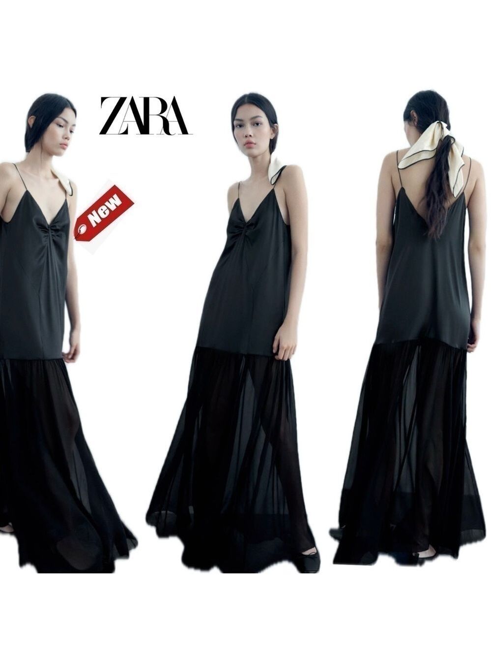 Zara limited edition black silk spaghetti strap V neck pleated maxi dress S NWT